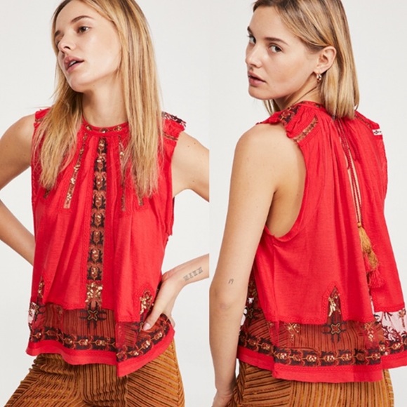 Free People Tops - Free People Red Embroidered Sequin Sheer Panel Peasant Blouse Top w/Back Tassels
